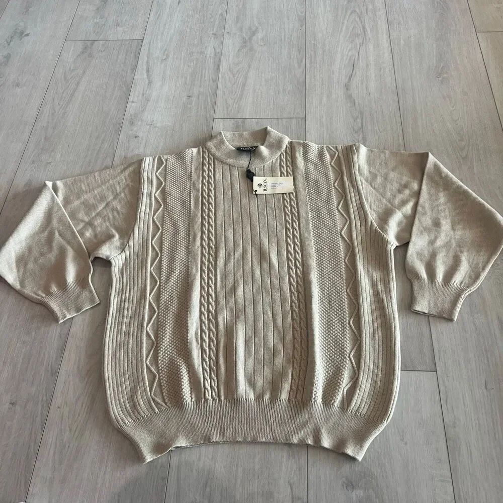 Tuscan beige cable knit sweater with a crew neck and various knit patterns size